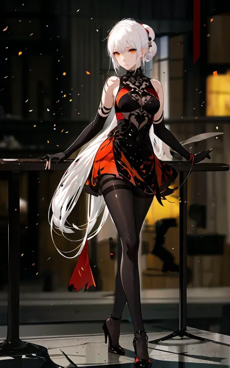 best quality,high res,1girl, solo,
expressionless,white hair,tsurime,closed mouth,(side ponytail:1.2),updo,red evening gown,elbow gloves,orange eyes,high heels,black pantyhose,
blurry, blurry background, blurry foreground, depth of field, motion blur, focused,3d,cos,bar,nightbar,bar counter,