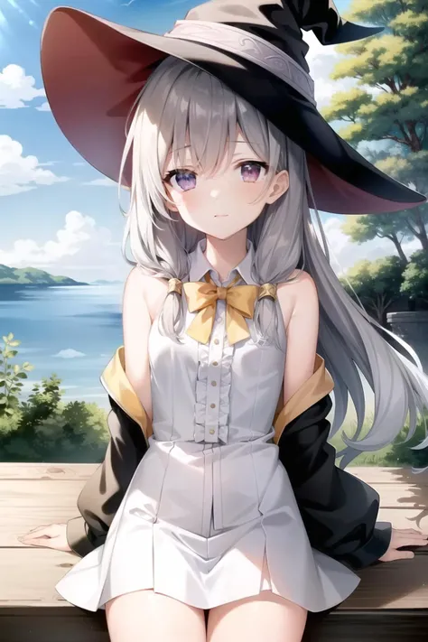 masterpiece, best quality, ultra-detailed, illustration, 1girl, [EMB_elaina-3500], ((cropped arms)), white shirt, skinny, flat chest, black skirt