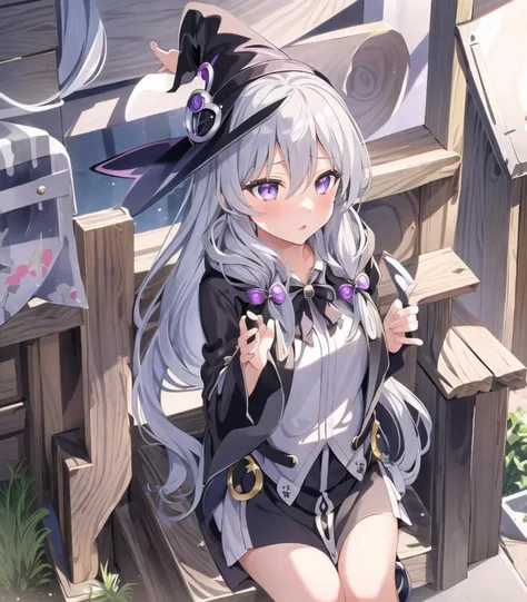 masterpiece, best quality, 1girl,  elaina, silver hair, purple eyes, long hair, hat, ti-emb_elaina