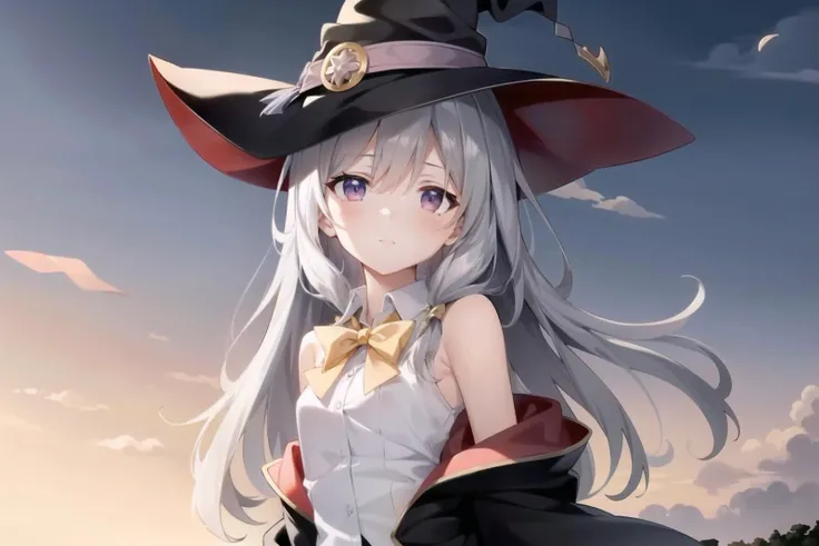 masterpiece, best quality, ultra-detailed, illustration, 1girl, [EMB_elaina-3500], ((cropped arms)), white shirt, skinny, flat chest, black skirt