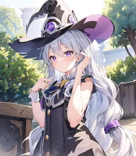 masterpiece, best quality, 1girl,  elaina, silver hair, purple eyes, long hair, hat, ti-emb_elaina