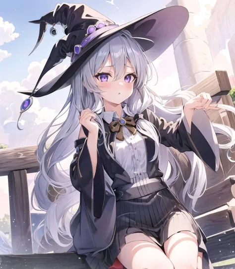 masterpiece, best quality, 1girl,  elaina, silver hair, purple eyes, long hair, hat, ti-emb_elaina