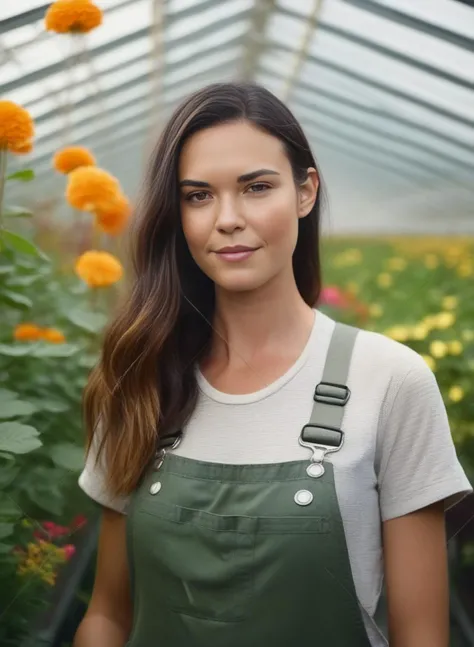 OdetteAnnable,close up Portrait of a young woman gardener wearing overalls inside a lush greenhouse with lots of flowers,<lora:OdetteAnnableSDXL:1>