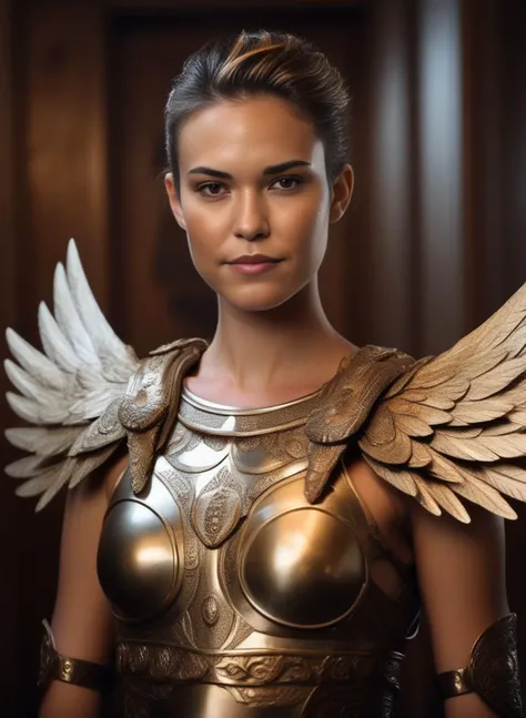 OdetteAnnable, art by Andre-Charles Boulle, photograph, Intensive Maori Girl, wearing Angel armor, Honey hair styled as Crew cut, Samsung Galaxy, F/2.8, Albumen, Unsplash, <lora:OdetteAnnableSDXL:1>