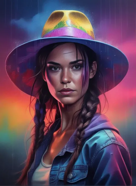 OdetteAnnable, art by Natalia Rak, Spray paint style, Photograph, intricate background, Pure tall South-American humanoid, Bounty hunter, wearing Apocalyptic Colorful Fedora, Dark Pigtails hairstyle, Raining, horizon-centered, Cel shaded, Bloomcore, volumetric lighting, <lora:OdetteAnnableSDXL:1>