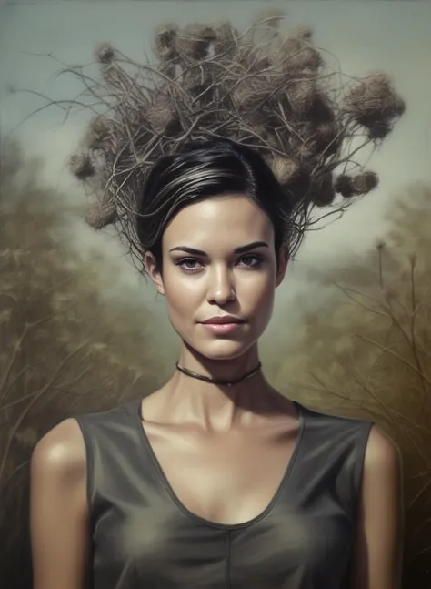 OdetteAnnable, art by Elsie Driggs, (art by Nicolas Bruno:1.2) , Oil painting, humanoid, summer roots, Detailed illustration, Technopunk, Ambrotype, <lora:OdetteAnnableSDXL:1>