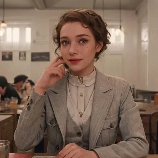 female, age 25, caucasian, pearly skin, freckles, small green eyes, high forehead, ginger wavy hair, wild hair, oval face, cute, highly detailed, sharp focus, stunningly beautiful, looking at camera, smile, sultry look, makeup unclad, ((masterpiece )), highly detailed, sharp focus, masterpiece, Grand Budapest <lora:Grand_Budapest_v1:0.7>