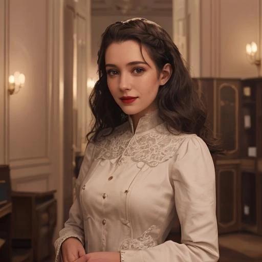 female, age 25,  standing in salon, bronze skin,  honey eyes, long wavy hair, wild hair, high cheek bones, round face, cute, highly detailed, sharp focus, stunningly beautiful, looking at camera, smile, sultry look, makeup, Grand Budapest
 <lora:Grand_Budapest_v1:0.6>