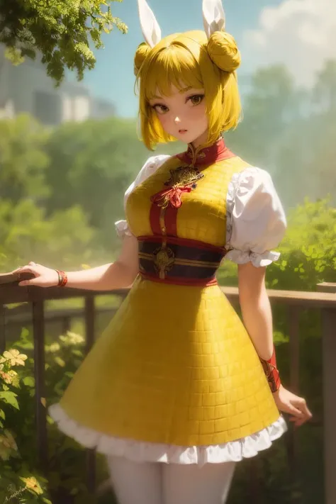 1girl, Mayumi Joutouguu, yellow hair, bob cut, two hair buns held by a white cloth, yellow lamellar armor, short white sleeves, white pants, yellow skirt, mature female, (art by alphonce mucha:1.2) <lyco:MayumiTHManyV1 - Mayumi Joutouguu, yellow eyes, yellow hair, bob cut, two hair buns held by a white cloth, yellow lamellar armor, short white sleeves, white pants, yellow skirt, purple armguards secured with red rope, dark blue boots:0.75>