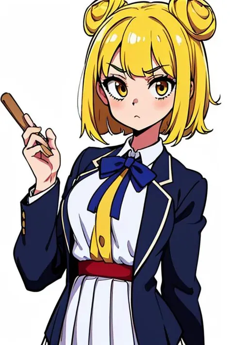1girl, Mayumi Joutouguu, yellow hair, bob cut, two hair buns held by a white cloth, school uniform, blazer, white shirt, pleated skirt, neck bow <lyco:MayumiTHManyV1 - Mayumi Joutouguu, yellow eyes, yellow hair, bob cut, two hair buns held by a white cloth, yellow lamellar armor, short white sleeves, white pants, yellow skirt, purple armguards secured with red rope, dark blue boots:0.75>
