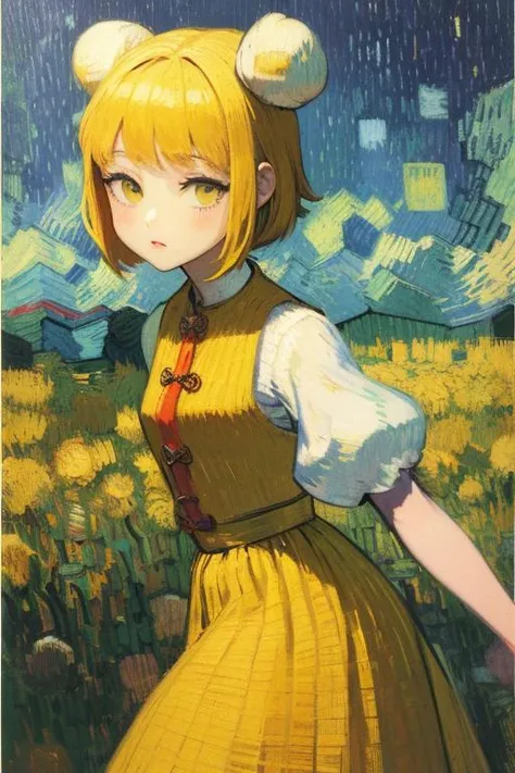 1girl, Mayumi Joutouguu, yellow hair, bob cut, two hair buns held by a white cloth, yellow lamellar armor, short white sleeves, white pants, yellow skirt, (art by van gogh:1.2) <lyco:MayumiTHManyV1 - Mayumi Joutouguu, yellow eyes, yellow hair, bob cut, two hair buns held by a white cloth, yellow lamellar armor, short white sleeves, white pants, yellow skirt, purple armguards secured with red rope, dark blue boots:0.75>