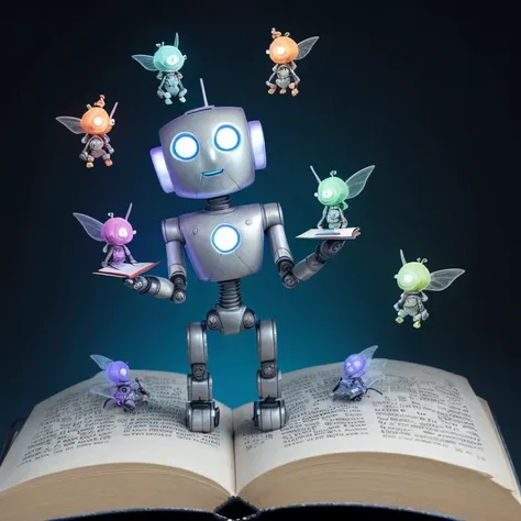 The robot is sitting on a pile of books. The robot is made of metal and has a blue light on its head. It is wearing a white shirt and black pants. The robot is reading a book. The book is open and the robot is holding it with both hands. The robot is surrounded by small, glowing fairies. The fairies are flying around the robot and they are all different colors. The background is a blue sky with white clouds.