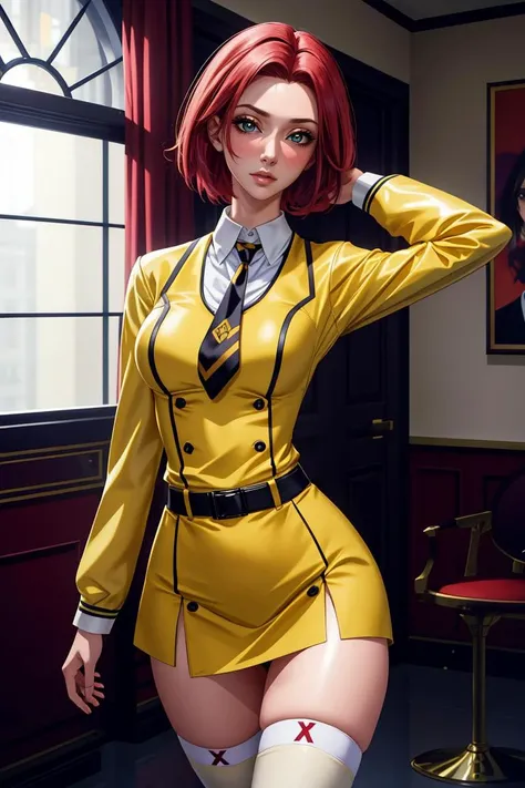 masterpiece, best quality, Bold colors, vivid coloring, rich pigmentation, vibrant, dynamic tones, striking hues, absurd resolution, illustration, 8k, perfect shadows,perfect lighting,hdr, ambient lighting,realistic, ultra-realistic, full body shot, Photo realistic,(hyperrealistic:1)textured skin,shiny skin,skindentation, bigfaketits,beautiful body, (blush:1.2)milf,mature woman,disembodied limb, sick,kallen school uniform (((yellow school uniform))), buckle, collared shirt, dress shirt, yellow jacket, closed jacket, black miniskirt, green necktie, yellow belt, white shirt, white thighhighs, zettai ryouiki, (large breasts,hourglass body, thin waist,very slim waist)extremely detailed face,detailed eye makeup, detail face, nice detailed eyes,nice hands, perfect hands <lora:Code Geass - Kallen V2 @ kallen stadtfeld - school uniform - bunnygirl - swimsuit - cockpit - pilot suit:.70> <lora:beautifulDetailedEyes_v10:0.50> (realistic pupils,realistic iris:1) heavy eye makeup<lora:add_detail:.50> <lyco:GoodHands-beta2:.90><lora:Aesthetic-Portrait-V2:.50> (Background is hotel room) <lora:ryanreos-lora-v1-32dim-3ep-naivae:.20>