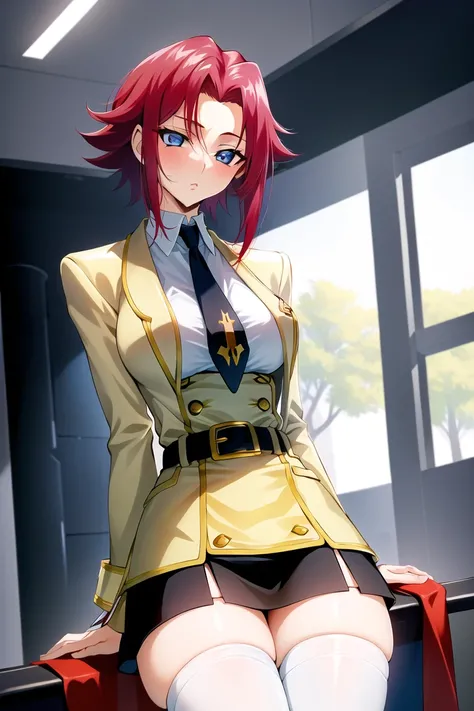 masterpiece, best quality, highly detailed, highres, hdr,
code geass, 1girl, solo, sitting, disembodied limb, sick,
(((yellow school uniform))), buckle, collared shirt, dress shirt, yellow jacket, closed jacket, black miniskirt, green necktie, yellow belt, white shirt, white thighhighs, zettai ryouiki,
blue eyes, large breasts, red hair, short hair,
cowboy shot, intense angle,
mksks style, beautiful background, detailed background, professional lightning, indoor, mansion,