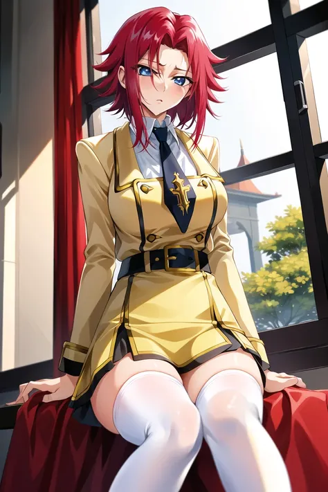 masterpiece, best quality, highly detailed, highres, hdr,
code geass, 1girl, solo, sitting,
(((yellow school uniform))), buckle, collared shirt, dress shirt, yellow jacket, black miniskirt, necktie, yellow belt, thighhighs, white shirt, white thighhighs, zettai ryouiki,
blue eyes, large breasts, red hair, short hair,
cowboy shot, intense angle,
mksks style, beautiful background, detailed background, professional lightning, indoor, mansion,