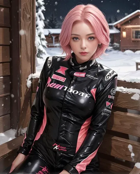 1girl who is Kallen wearing (all black horsehide racing suit), (solo), (directly facing to viewer), (barehanded), (cowboy shot), (she is sitting in a warm wood house), (pink hair), winter (snowing night), (masterpiece), (realistic portrait), <lora:more_details:0.1>, <lora:Code Geass - Kallen @ Kallen:0.3>