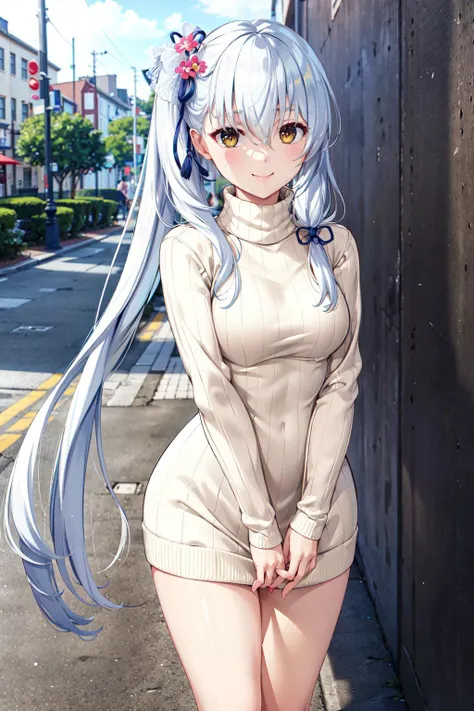 masterpiece,best quality,highres,ultra-detailed,bbtsubaki,long hair,bangs,side ponytail,hair between eyes,hair ribbon,hair flower,<lora:suzakuin_tsubaki:0.7>,sweater dress,turtleneck,street,smile,standing,hands_on_lap,
