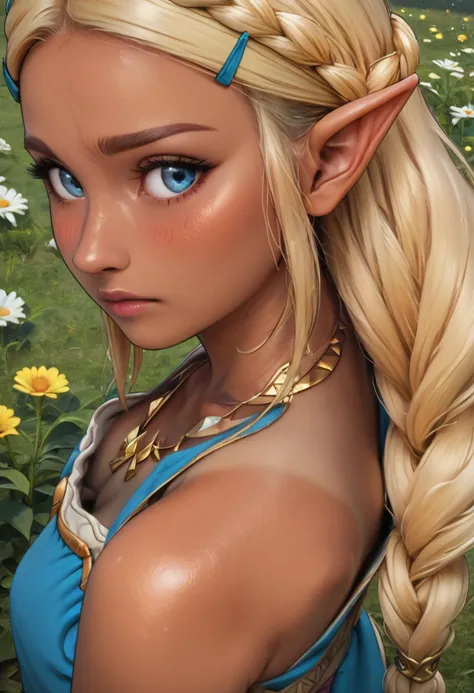 zPDXL, 1girl, masterpiece, absurdres, best quality, Princess Zelda, blonde hair, triforce necklace, blue eyes, eyelashes, long hair, (hyrule style dress, detailed, blue and white):1.4, blush, (bond braid, tan lines, tanned skin, detailed frontal lighting:1.5), standing in flower field, overshoulderdownblouse, from above, from behind, <lora:add-detail-xl:1.5> <lora:DetailedEyes_V3:1> <lora:absurdres_quality:0.5> <lora:OverShoulderDownBlouse:1>