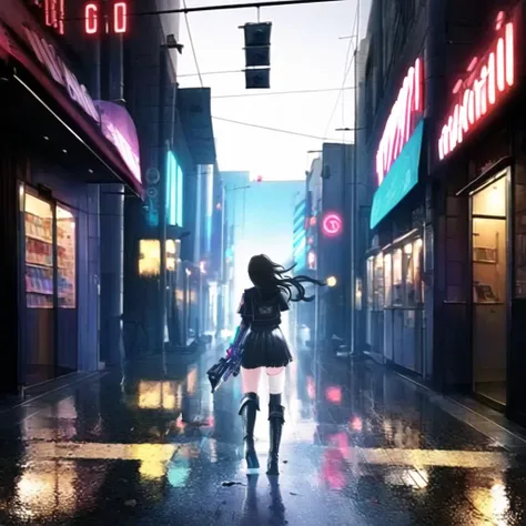 masterpiece, best quality, highly detailed,1girl, boots, building, convenience_store, cyberpunk, english_text, gloves, long_hair, outdoors, solo, storefront, thighhighs, from behind,