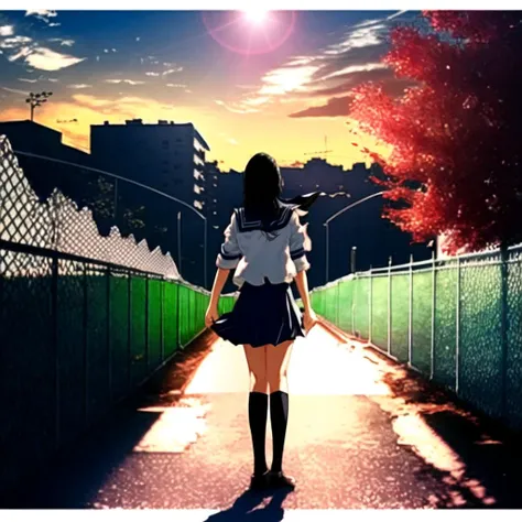 masterpiece, best quality, highly detailed,1girl, black_hair, bridge, building, chain-link_fence, city, city_lights, cityscape, cloud, dusk, evening, fence, gradient_sky, lens_flare, long_hair, long_sleeves, looking_at_viewer, neckerchief, orange_sky, outdoors, pleated_skirt, power_lines, scenery, school_uniform, serafuku, shoes, skirt, sky, skyline, skyscraper, solo, sun, sunset, tree, twilight