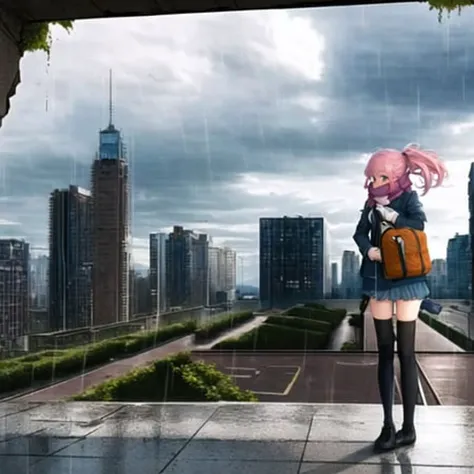 masterpiece, best quality, highly detailed,1girl, building, city, cityscape, cloud, cloudy_sky, day,  jacket, long_hair, outdoors, overcast, pink_hair, pouch, rain, rooftop,  ruins, scarf, scenery, sky, skyscraper, thighhighs,