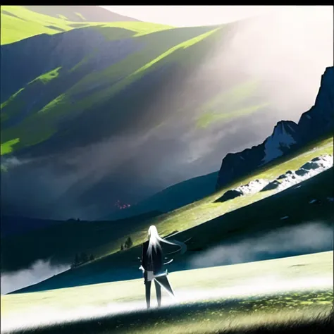 masterpiece, best quality, highly detailed,1girl, bush, day, field, forest, grass, holding, holding_sword, holding_weapon, landscape, letterboxed, long_hair, mountain, mountainous_horizon, nature, on_grass, outdoors, scenery, solo, standing, sword, tree, weapon