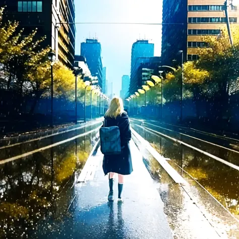 masterpiece, best quality, highly detailed,1girl, architecture, bag, blonde_hair, bridge, building, car, city, cityscape, closed_eyes, ground_vehicle, jacket, motor_vehicle, outdoors, rain, raincoat, real_world_location, road, road_sign, scenery, sign, skyscraper, storefront, street, tokyo_\(city\), tree, water, wet, from behind