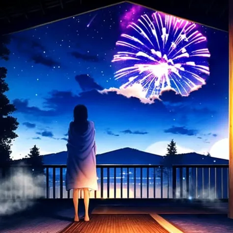 masterpiece, best quality, highly detailed,1girl, aerial_fireworks, aurora, balcony, beach, blue_sky, blue_theme, bottle, building, chair, city, city_lights, cityscape, cloud, cloudy_sky, constellation, crescent_moon, dusk, earth_\(planet\), fence, fireflies, fireworks, full_moon, galaxy, horizon, lamppost, light_particles, long_hair, milky_way, moon, moonlight, night, night_sky, ocean, onsen, outdoors, planet, railing, rooftop, scenery, shooting_star, sky, skyline, skyscraper, snow, snowing, solo, space, standing, star_\(sky\), star_\(symbol\), starry_background, starry_sky, starry_sky_print, steam, sunrise, table, tanabata, tanzaku, telescope, town, twilight, window