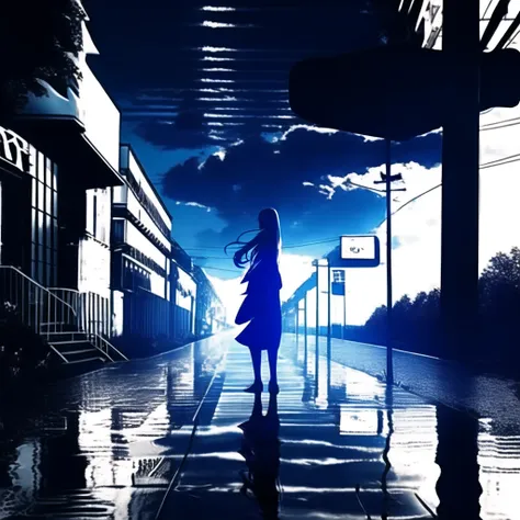 masterpiece, best quality, highly detailed,1girl, {city, city_lights, cityscape, cloud, cloudy_sky, building, car,  dark, lights, long_hair, neon_lights, night, outdoors, rain, reflection, road, scenery, sky, skyline, skyscraper,  street, tokyo_\(city\)}, very_long_hair,