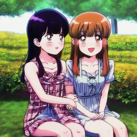 highest quality, ultra high resolution, (realistic: )2D official style cel animation,((Two Takamichi-style girls sit side by side))Please open your legs a little,mini skirt、Tight Skirt,(embroidery 、good),loose socks,sneakers,full body portrait,train chair,Sunny,embarrassing,