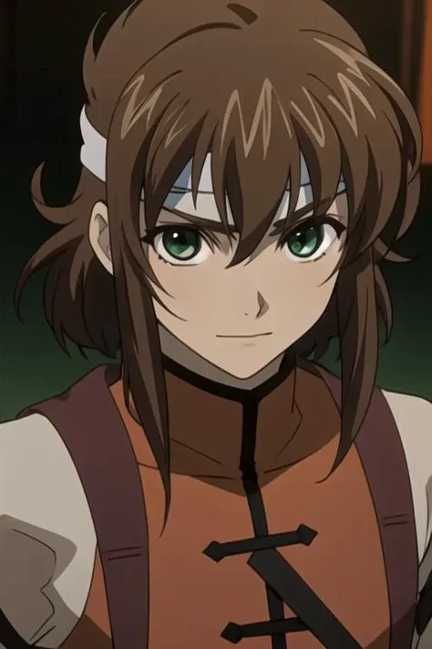 masterpiece, best quality, photorealistic, 1boy, solo, male focus, looking at viewer, , , anime coloring, realistic, <lora:ryuu-ou_tsubasa_chronicle:0.68>, ryuu-ou_tsubasa_chronicle, brown hair, green eyes, headband, knight costume, science fiction cyber-horror,