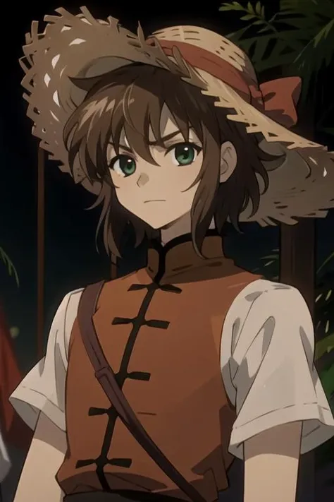 masterpiece, best quality, , 1boy, solo, male focus, looking at viewer, upper body, depth of field, , , <lora:ryuu-ou_tsubasa_chronicle:0.70>, ryuu-ou_tsubasa_chronicle, brown hair, green eyes, , , straw hat, world war 2,