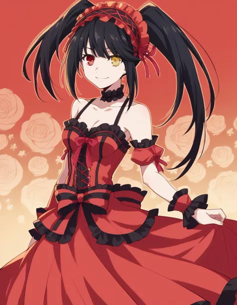 score_9, score_8_up, score_7_up, source_anime, 
kurumitokisaki, <lora:kurumi-tokisaki-ponyxl-lora-nochekaiser:1>, 
kurumi tokisaki astral dress, long hair, black hair, red eyes, twintails, yellow eyes, hairband, heterochromia, smile, dress, red dress, bare shoulders, collarbone, choker, bowtie, red bowtie, detached sleeves, corset, frills, 
smile, <lora:floral-background-ponyxl-lora-nocheakaiser:1>, floral background,
looking at viewer, cowboy shot, dutch angle, solo,