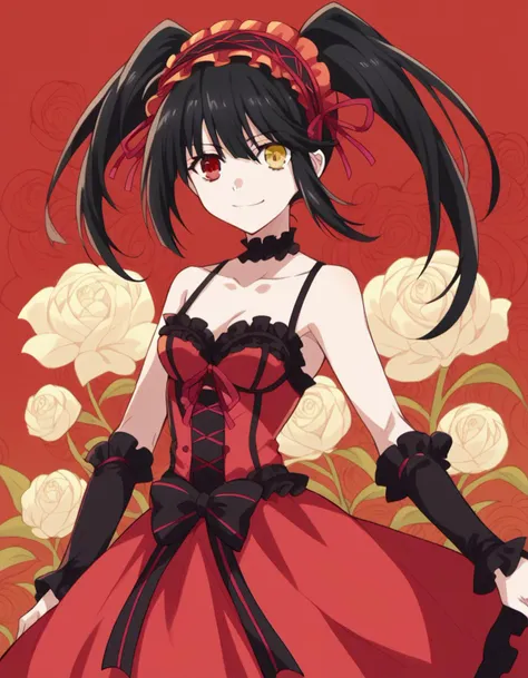 score_9, score_8_up, score_7_up, source_anime, 
kurumitokisaki, <lora:kurumi-tokisaki-ponyxl-lora-nochekaiser:1>, 
kurumi tokisaki astral dress, long hair, black hair, red eyes, twintails, yellow eyes, hairband, heterochromia, smile, dress, red dress, bare shoulders, collarbone, choker, bowtie, red bowtie, detached sleeves, corset, frills, 
smile, <lora:floral-background-ponyxl-lora-nocheakaiser:1>, floral background,
looking at viewer, cowboy shot, dutch angle, solo,