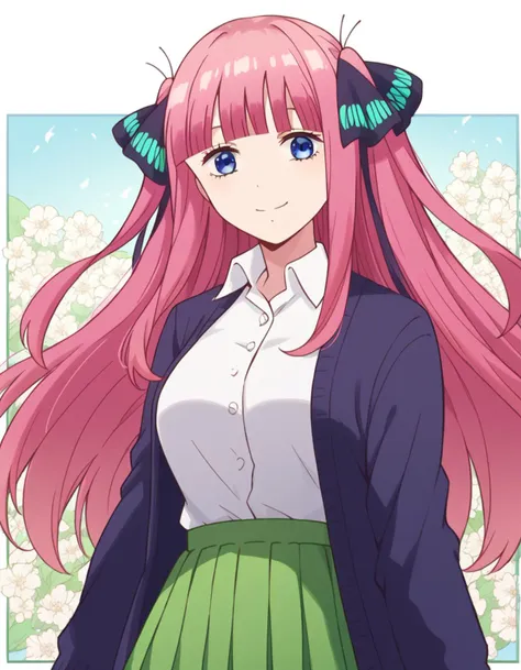 score_9, score_8_up, score_7_up, source_anime,
ninonakano, <lora:nino-nakano-s1-ponyxl-lora-nochekaiser:1>,
nino nakano, long hair, bangs, blue eyes, hair ornament, hair ribbon, pink hair, blunt bangs, two side up, butterfly hair ornament, mature female,
skirt, shirt, long sleeves, white shirt, pleated skirt, open clothes, collared shirt, sleeves past wrists, dress shirt, cardigan, green skirt, open cardigan, black cardigan,
smile, <lora:floral-background-ponyxl-lora-nocheakaiser:1>, floral background,
looking at viewer, cowboy shot, dutch angle, solo,