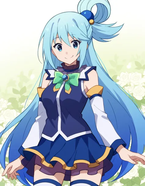 score_9, score_8_up, score_7_up, source_anime,
konosubaaqua, <lora:konosuba-aqua-s2-ponyxl-lora-nochekaiser:1>,
aqua \(konosuba\), long hair, blue eyes, hair ornament, very long hair, blue hair, hair rings, single hair ring, hair bobbles,
skirt, shirt, thighhighs, bare shoulders, detached sleeves, white thighhighs, blue skirt, blue shirt, green bow,
smile, <lora:floral-background-ponyxl-lora-nocheakaiser:1>, floral background,
looking at viewer, cowboy shot, dutch angle, solo,