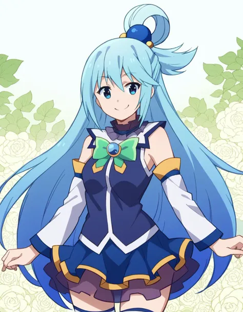 score_9, score_8_up, score_7_up, source_anime,
konosubaaqua, <lora:konosuba-aqua-s2-ponyxl-lora-nochekaiser:1>,
aqua \(konosuba\), long hair, blue eyes, hair ornament, very long hair, blue hair, hair rings, single hair ring, hair bobbles,
skirt, shirt, thighhighs, bare shoulders, detached sleeves, white thighhighs, blue skirt, blue shirt, green bow,
smile, <lora:floral-background-ponyxl-lora-nocheakaiser:1>, floral background,
looking at viewer, cowboy shot, dutch angle, solo,