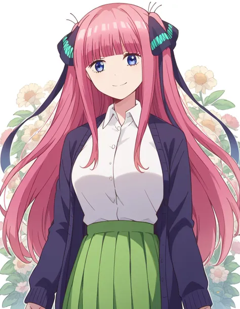 score_9, score_8_up, score_7_up, source_anime,
ninonakano, <lora:nino-nakano-s1-ponyxl-lora-nochekaiser:1>,
nino nakano, long hair, bangs, blue eyes, hair ornament, hair ribbon, pink hair, blunt bangs, two side up, butterfly hair ornament, mature female,
skirt, shirt, long sleeves, white shirt, pleated skirt, open clothes, collared shirt, sleeves past wrists, dress shirt, cardigan, green skirt, open cardigan, black cardigan,
smile, <lora:floral-background-ponyxl-lora-nocheakaiser:1>, floral background,
looking at viewer, cowboy shot, dutch angle, solo,