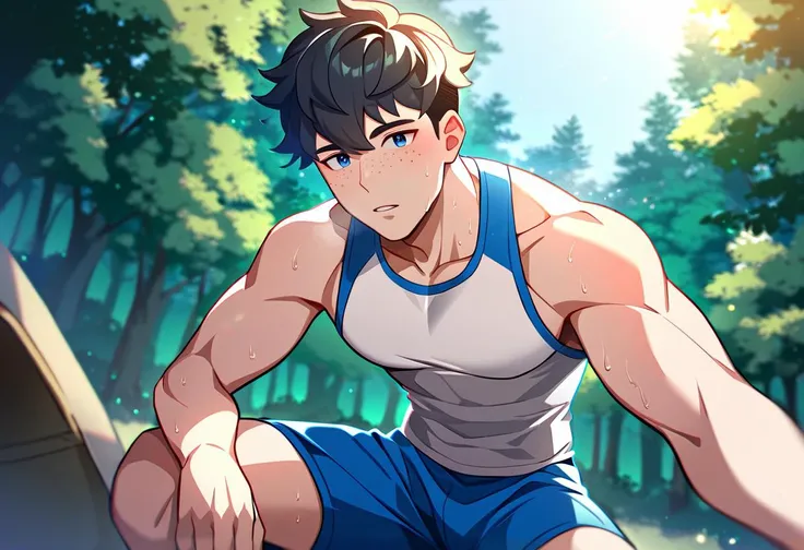 1boy, male focus, outdoors, shorts, black hair, short hair, looking at viewer, blue eyes, tight clothing, day, tank top, tree, nature, parted lips, blue shorts, forest, camping, pectorals, muscular male, freckles, sweat, sunlight, best quality, amazing quality, best aesthetic, absurdres