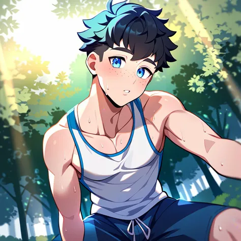 1boy, male focus, outdoors, shorts, black hair, short hair, looking at viewer, blue eyes, tight clothing, day, tank top, tree, nature, parted lips, blue shorts, forest, camping, pectorals, muscular male, freckles, sweat, sunlight, best quality, amazing quality, best aesthetic, absurdres