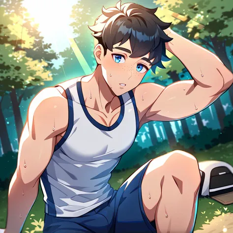 1boy, male focus, outdoors, shorts, black hair, short hair, looking at viewer, blue eyes, tight clothing, day, tank top, tree, nature, parted lips, blue shorts, forest, camping, pectorals, muscular male, freckles, sweat, sunlight, best quality, amazing quality, best aesthetic, absurdres