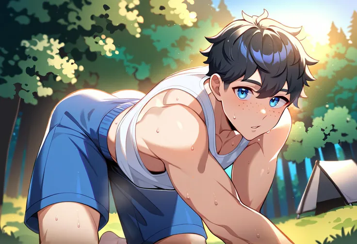 1boy, male focus, outdoors, shorts, black hair, short hair, looking at viewer, blue eyes, tight clothing, day, tank top, tree, nature, parted lips, blue shorts, forest, camping, pectorals, muscular male, freckles, sweat, sunlight, best quality, amazing quality, best aesthetic, absurdres