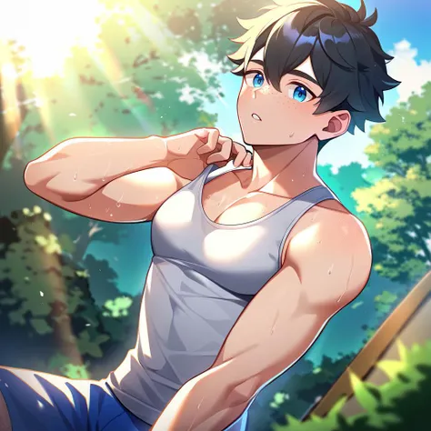 1boy, male focus, outdoors, shorts, black hair, short hair, looking at viewer, blue eyes, tight clothing, day, tank top, tree, nature, parted lips, blue shorts, forest, camping, pectorals, muscular male, freckles, sweat, sunlight, best quality, amazing quality, best aesthetic, absurdres