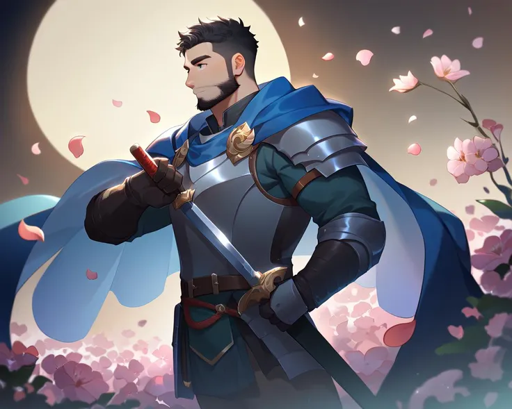 score_9, score_8_up,  male focus,   
1boy,  nsfw,  solo, standing ,  flower field,
swirling flower petals, dutch angle , sheathing sword, cape , from side, cold night, moonlight, crescent moon, 
soldier , (armor:1.1), 
muscular male , 
 facial hair, beard, sideburns ,mature male, 
,best quality, amazing quality, best aesthetic, absurdres
 <lora:Anime Cold Night Style SDXL_LoRA_Pony Diffusion V6 XL:1> <lora:RPGDefenderXL:.5>