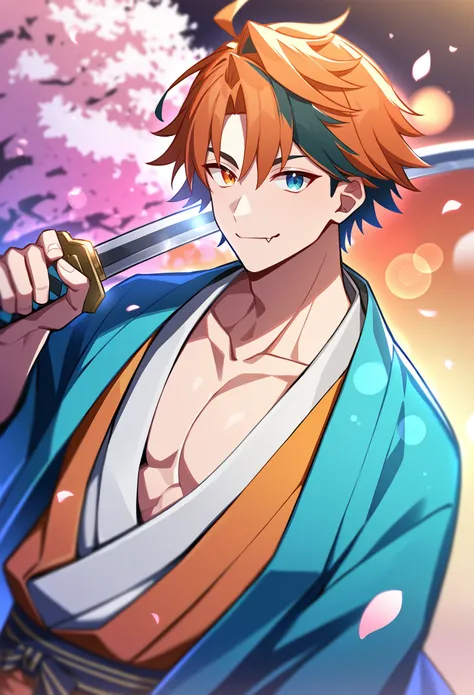 1boy, male focus, bishounen, holding sword, holding weapon, katana, sword, japanese clothes, haori, 
1boy, yukoku roberu, hololive, heterochromia, multicolored hair, streaked hair, short hair, ahoge, kimono, lens flare, cherry blossoms, depth of field, bokeh, looking at viewer, smile, toned male, pectorals, flare, fang, 
best quality, amazing quality, best aesthetic, absurdres, year 2023,