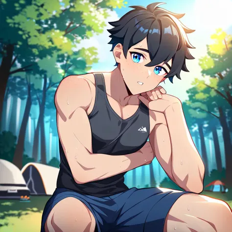 1boy, male focus, outdoors, shorts, black hair, short hair, looking at viewer, blue eyes, tight clothing, day, tank top, tree, nature, parted lips, blue shorts, forest, camping, pectorals, muscular male, freckles, sweat, sunlight, best quality, amazing quality, best aesthetic, absurdres