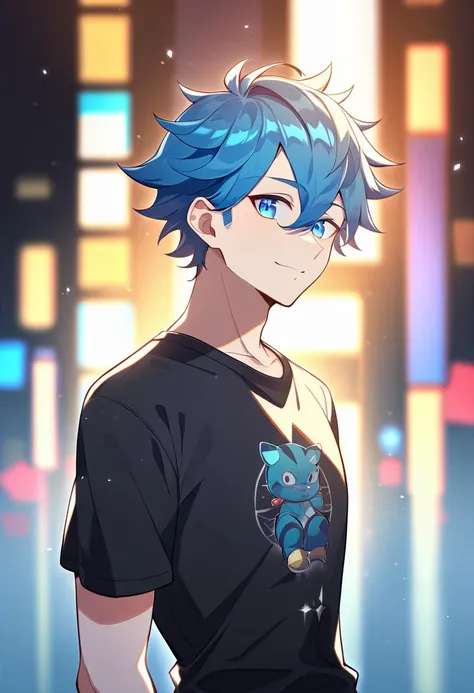 1boy, male focus, short hair, blue hair, blue eyes, graphic t-shirt, punk t-shirt, digital illustration, cyan and black, looking at viewer,  busy city street, atmospheric lighting, midriff peek, night, blurry, best quality, amazing quality, best aesthetic, absurdres