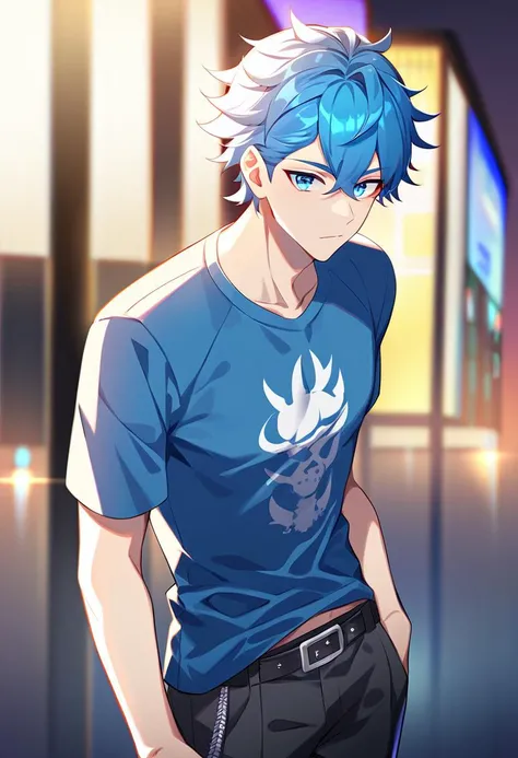 1boy, male focus, short hair, blue hair, blue eyes, graphic t-shirt, punk t-shirt, digital illustration, cyan and black, looking at viewer,  busy city street, belt, black pants, atmospheric lighting, midriff peek, night, blurry, best quality, amazing quality, best aesthetic, absurdres