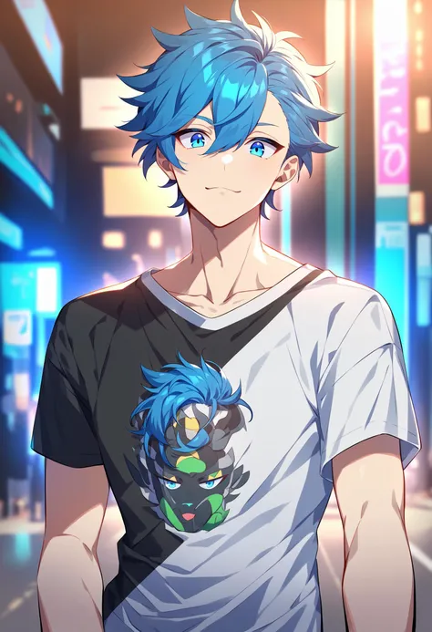 1boy, male focus, short hair, blue hair, blue eyes, graphic t-shirt, punk t-shirt, digital illustration, cyan and black, looking at viewer, busy city street, best quality, amazing quality, best aesthetic, absurdres
