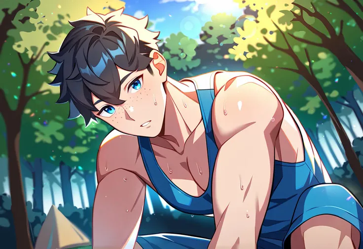 1boy, male focus, outdoors, shorts, black hair, short hair, looking at viewer, blue eyes, tight clothing, day, tank top, tree, nature, parted lips, blue shorts, forest, camping, pectorals, muscular male, freckles, sweat, sunlight, best quality, amazing quality, best aesthetic, absurdres
